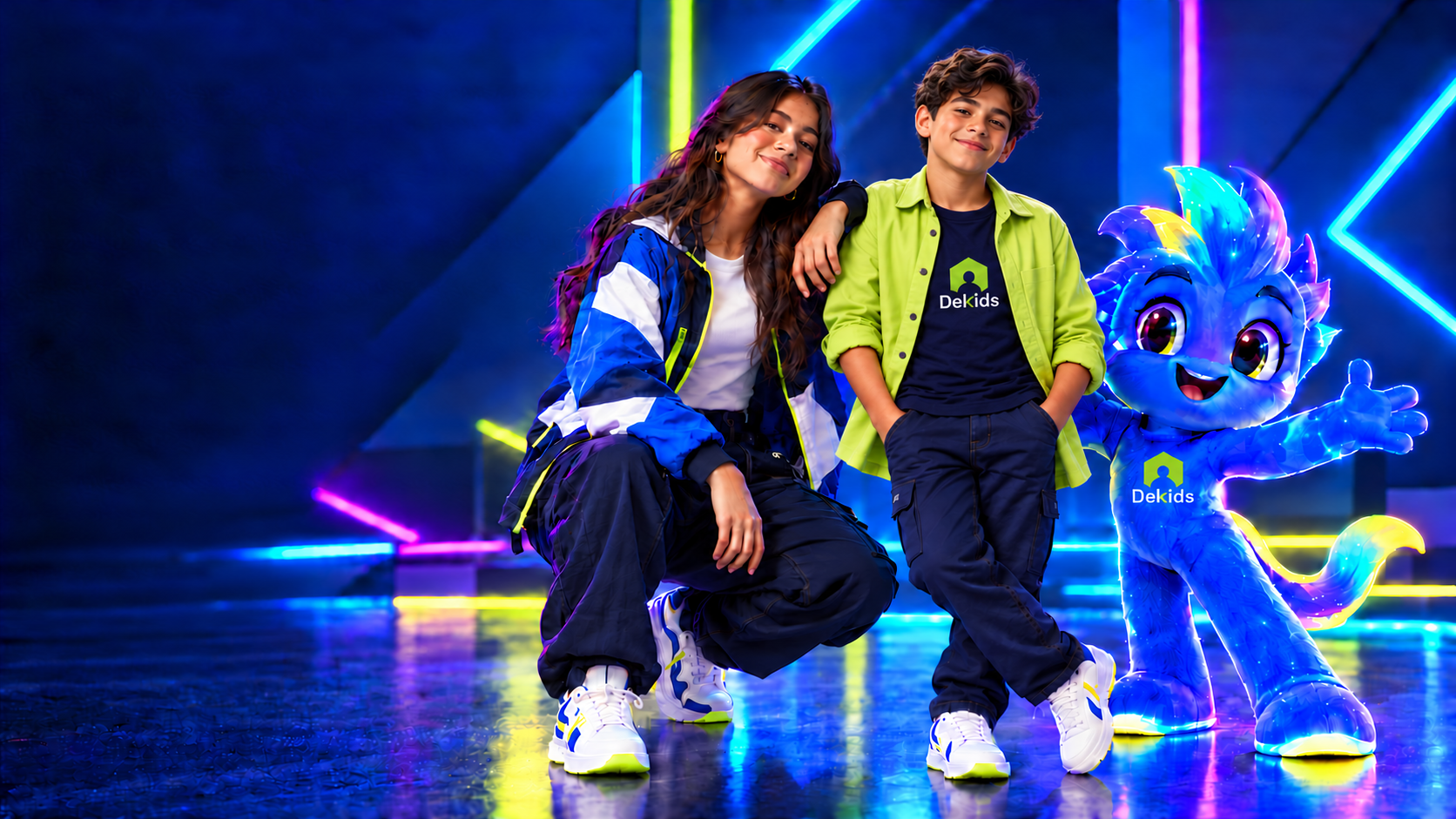 Dos dekidsers ficticios y la mascota azul de Dekids en un escenario de luces neón